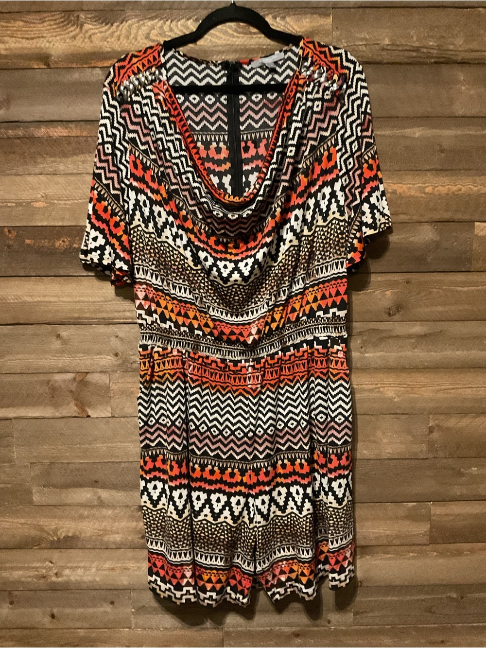 NY Collection Brown And Orange Zig Zag Tribal Print Romper Women’s Size 3X